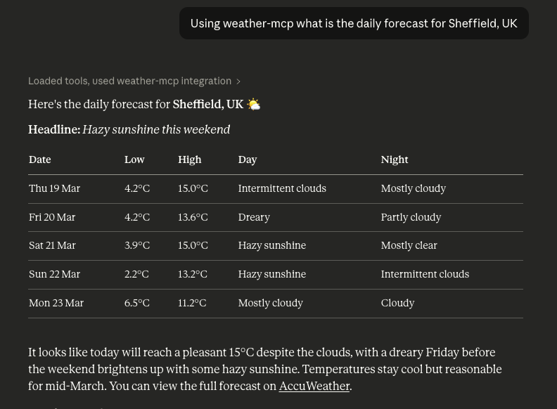 A screenshot of the weather forecast for Sheffield, United Kingdom within Claude