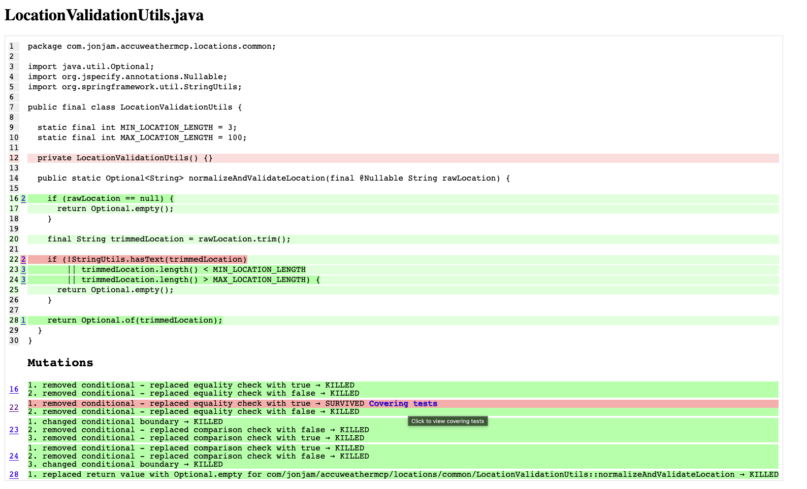 Mutating testing report for a single Java class showing surviving mutants